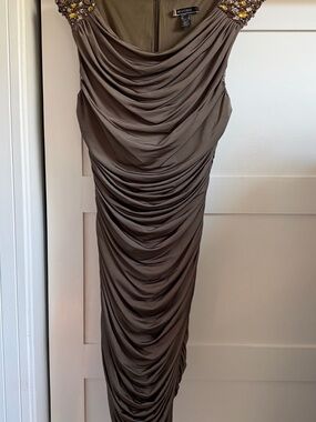 JS Boutique Taupe Brown Ruched Midi Dress with Beaded Shoulders